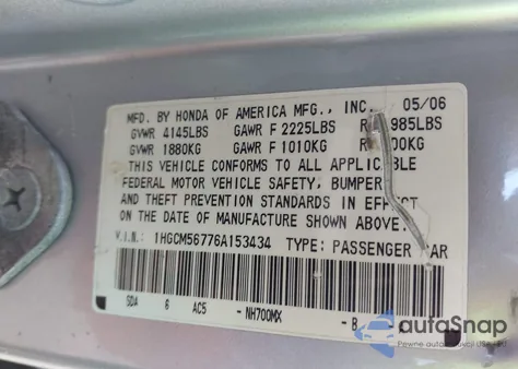 2006 Honda Accord 2.4 Ex из США, поврежденный, VIN 1HGCM56776A153434